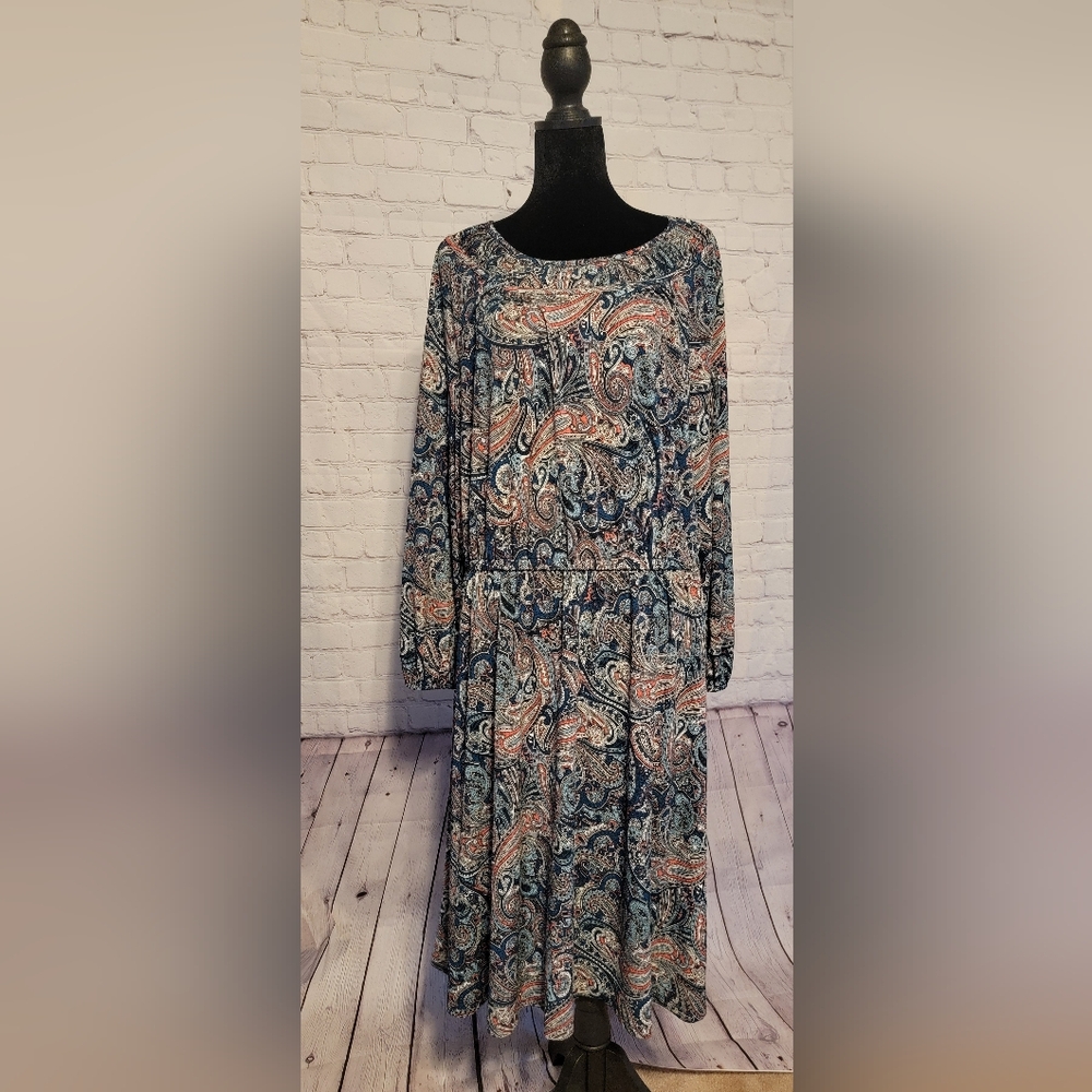 Talbots Navy and Coral Paisley Long Sleeve Midi Dress